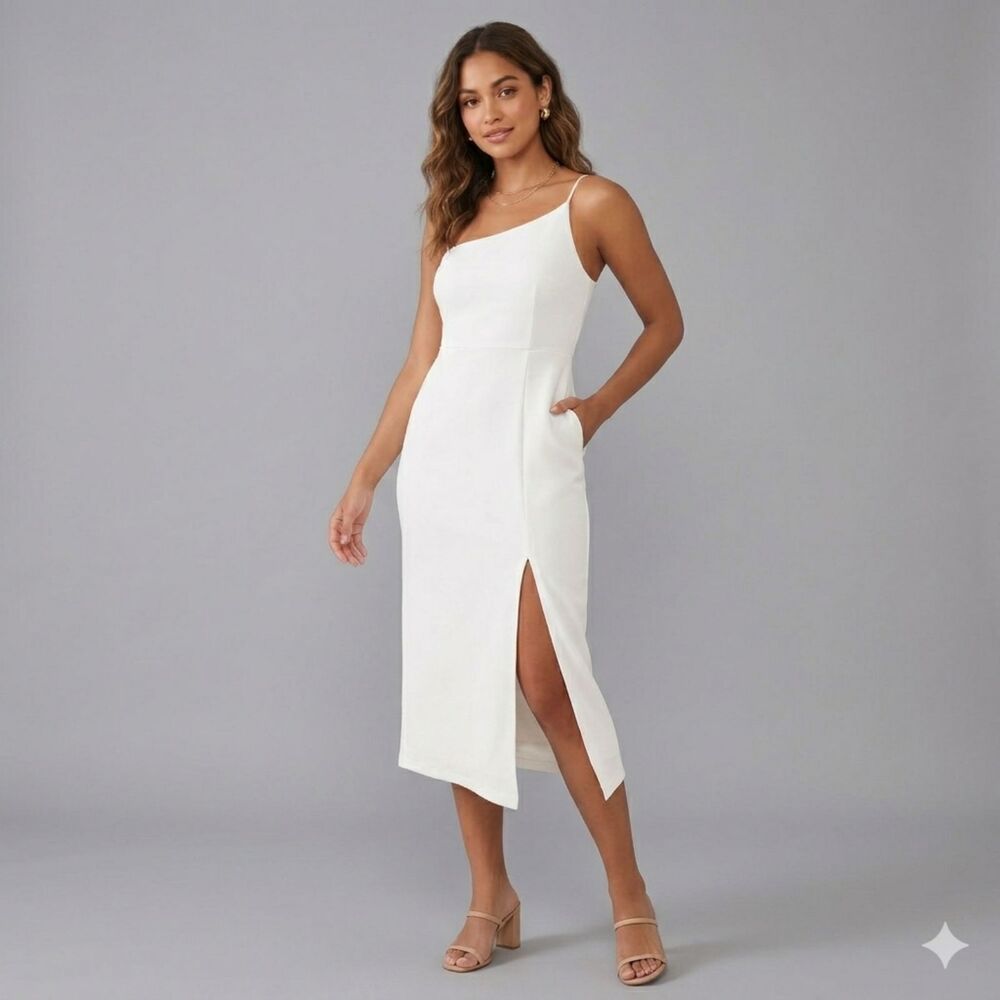 Hello Molly White Midi Dress Womens Size 8 Asymmetrical Slit Party Cocktail